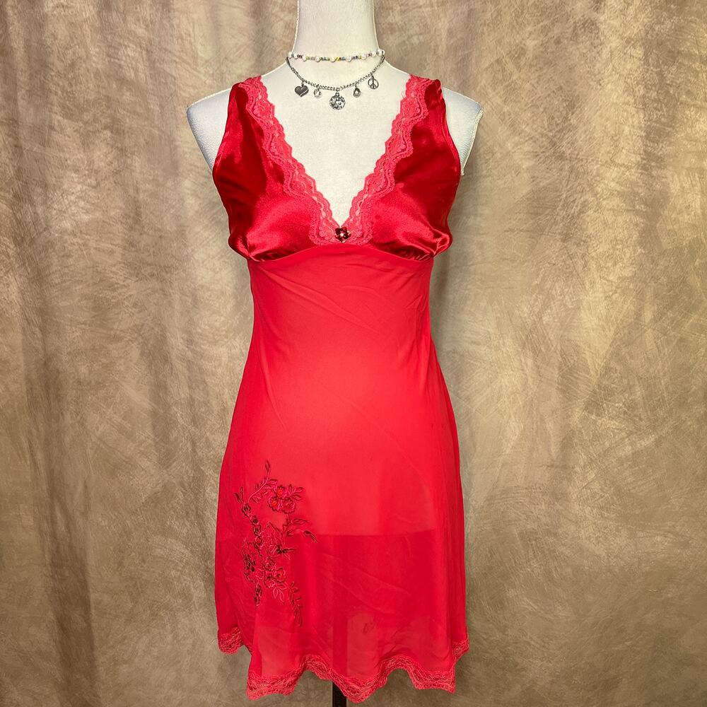 Mesh Mini Slip Dress Lingerie Sheer Satin Floral Lace Embroidered Red Romantic